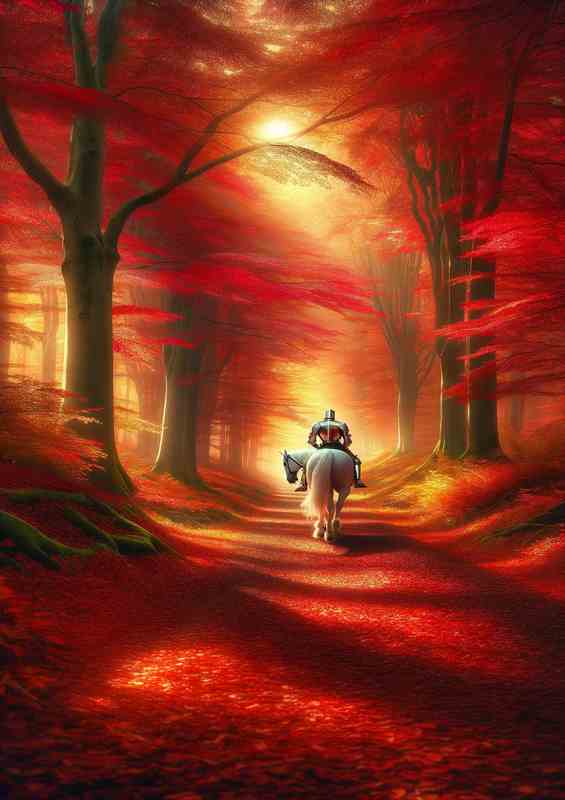 Crimson WandererAutumn Trail Metal Poster | Forest White Steed