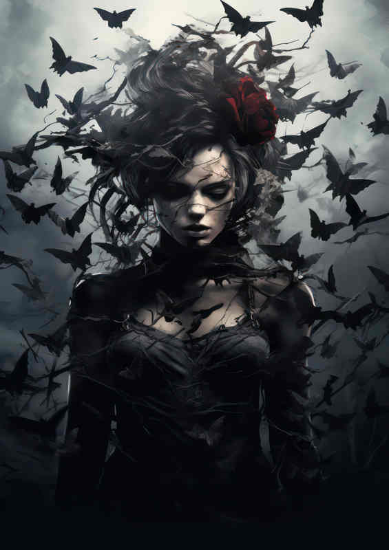 Female zombie surrouded by bats