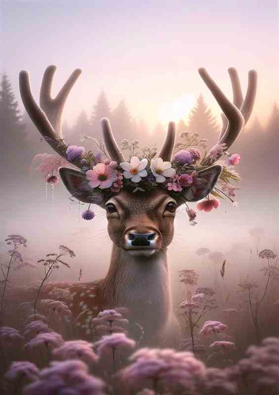 Misty Dawn A Deer in a Flower Crown gazing softly