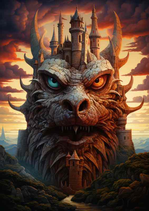 Viking dragon landed at dusk above a castle
