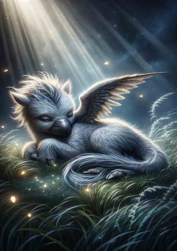 Snoozing Baby Hippogriff in a Moonlit Glade