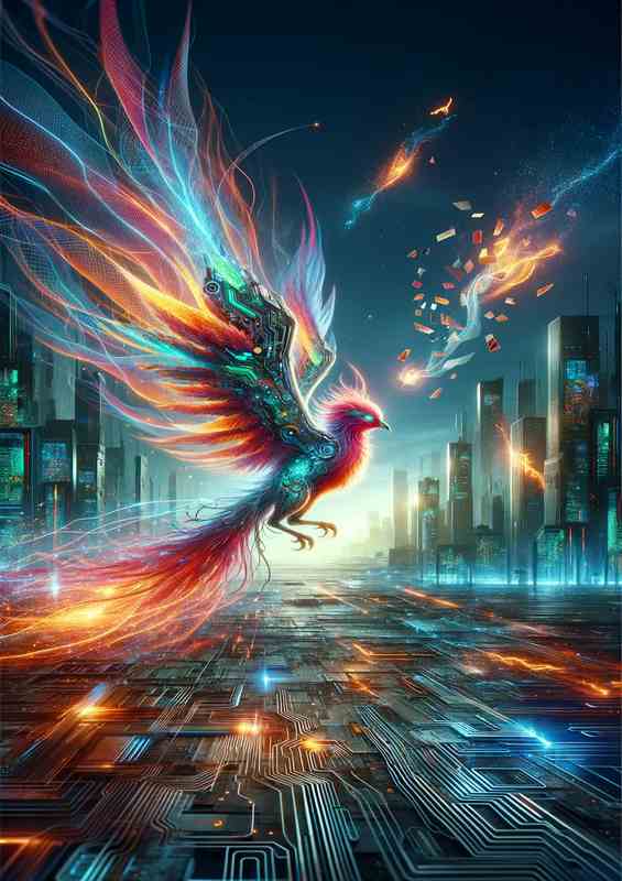 Techno Phoenix Rebirth Metal Poster