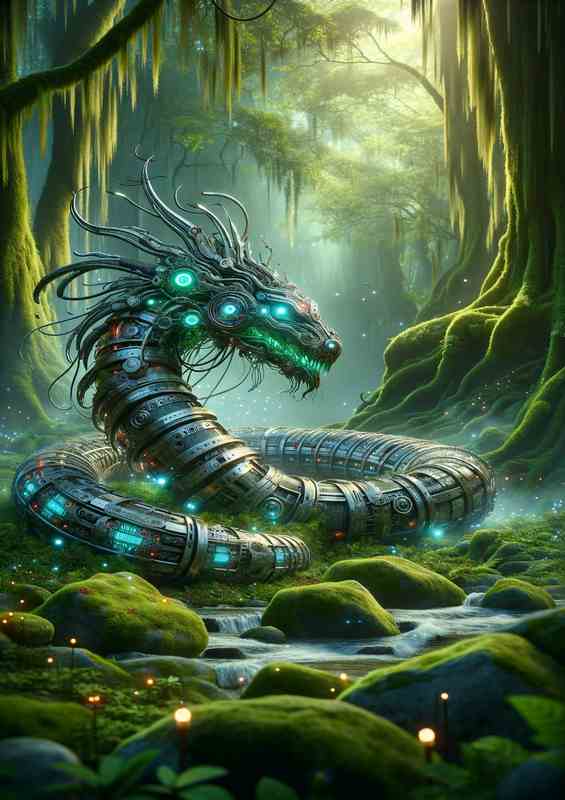 Captivating Mechanical Serpent in Mystic Forest