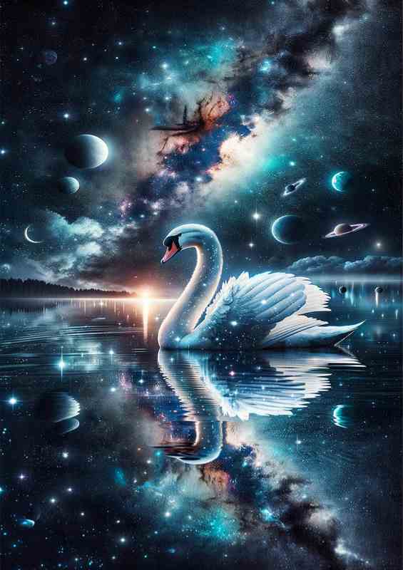 Celestial Swan gliding on a cosmic lake