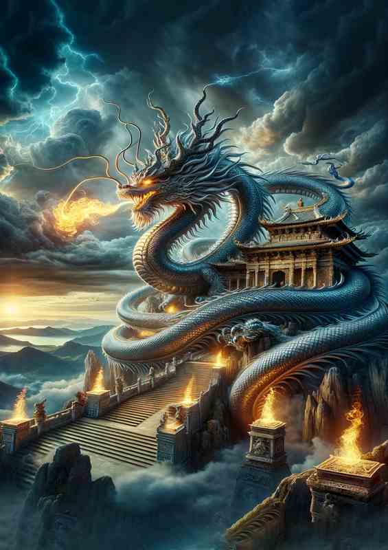 Epic Celestial Dragon Guarding Ancient Temple