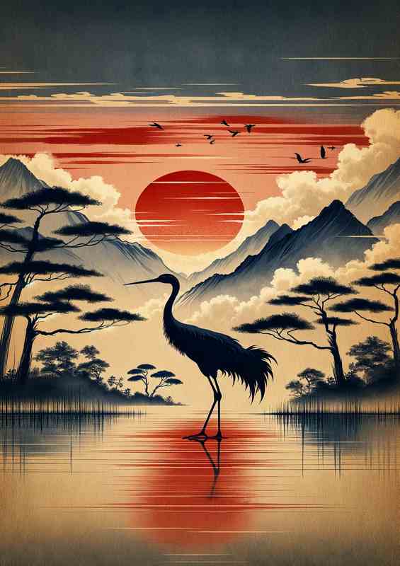 Majestic Crane Silhouette Asian Sunrise