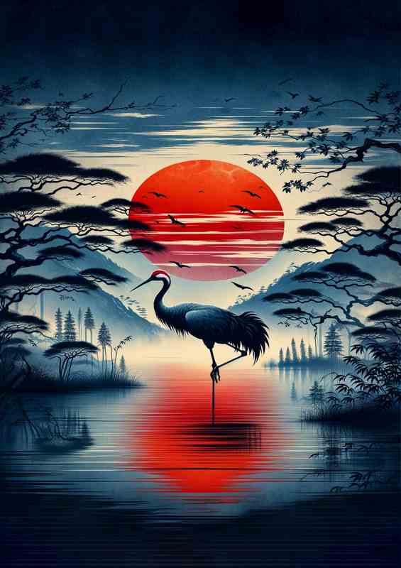 Majestic Crane Silhouette Asian Sunrise Elegance