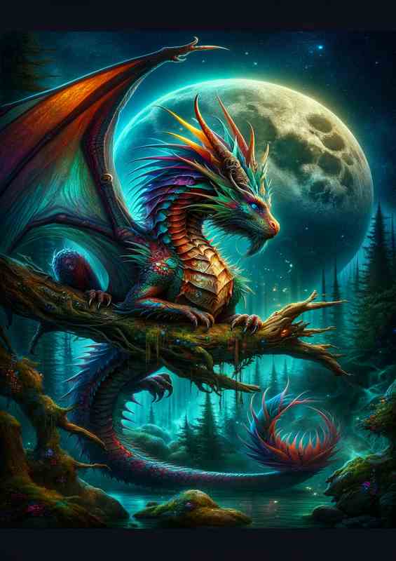 Mystical Dragon Perched in Moonlit Realm