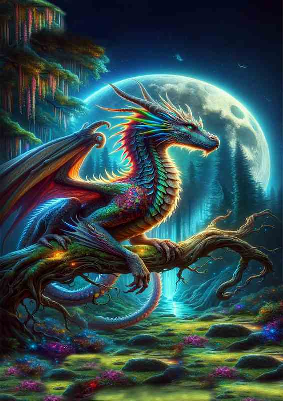 Mystical Dragon Perched in Moonlit sky at night