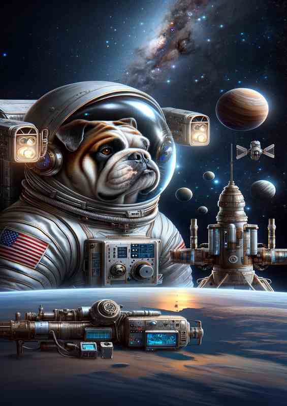 Astronaut Bulldog Surveying Distant Planets