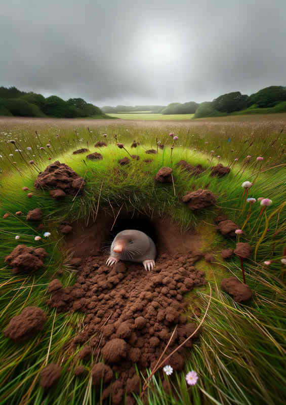 Moles Underground burrow amidst a grassy British meadow
