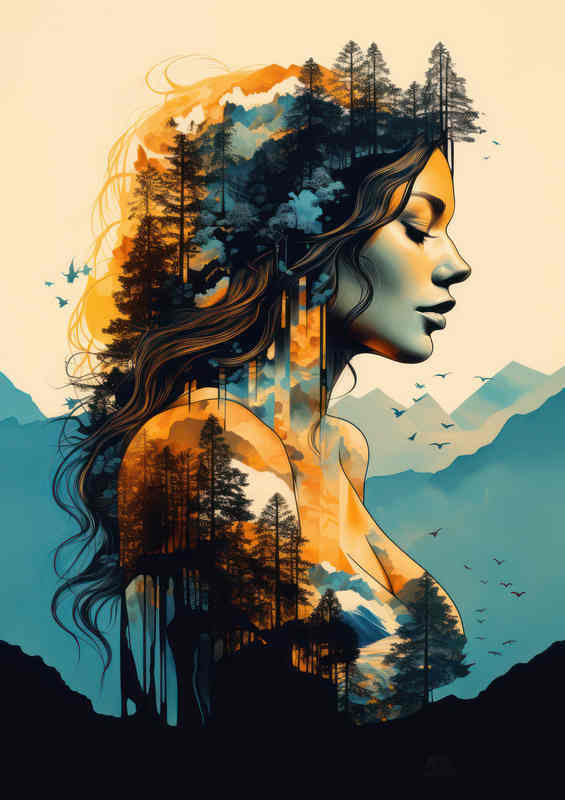 Beautiful woman silhouettes trees and mountas art style