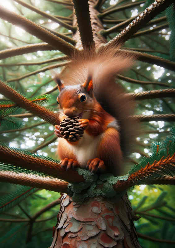 Squirrel Treetop Feast in Pine Tree