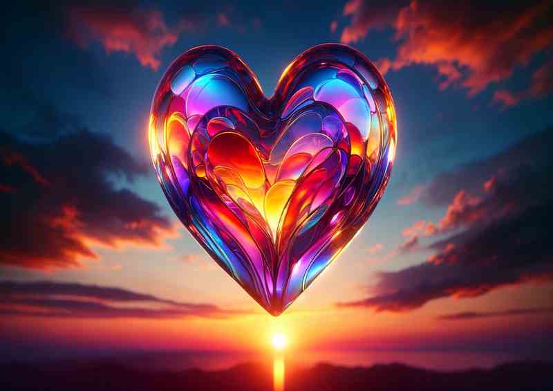 Colorful Glass Heart Sunset Silhouette Art