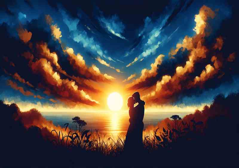 Embracing Couple Sunset Silhouette Love Painting