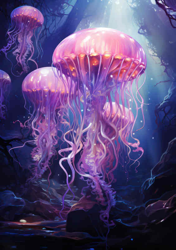 A Group Of Jellyfish In The Depths Of The Sea