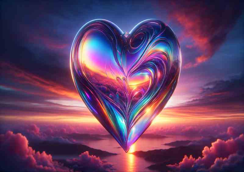 Iridescent Glass Heart Against Sunset Vista