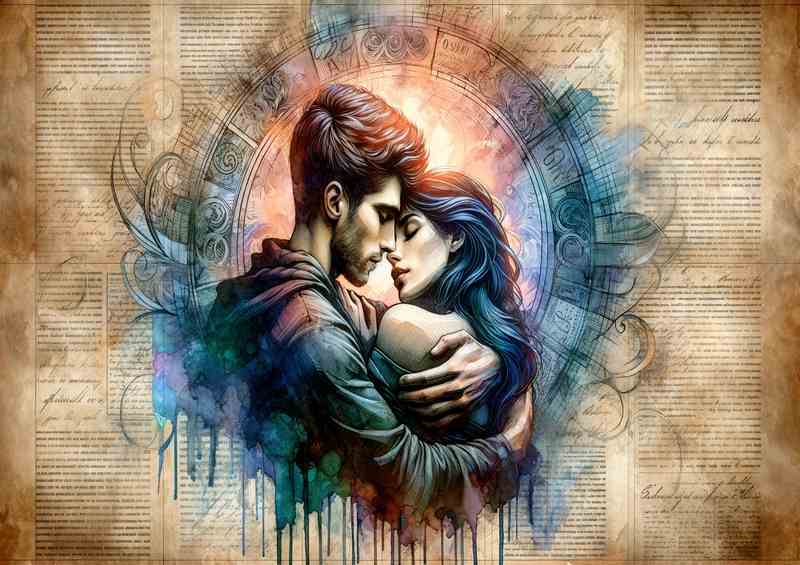 Lovers Romantic Embrace Watercolor Newspaper Background