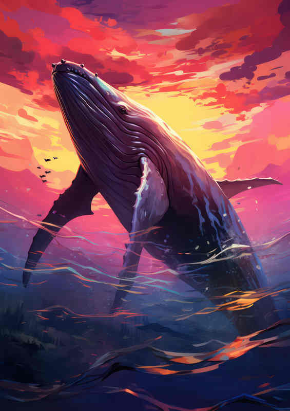 Blue Whale In The Ocean At Sunest