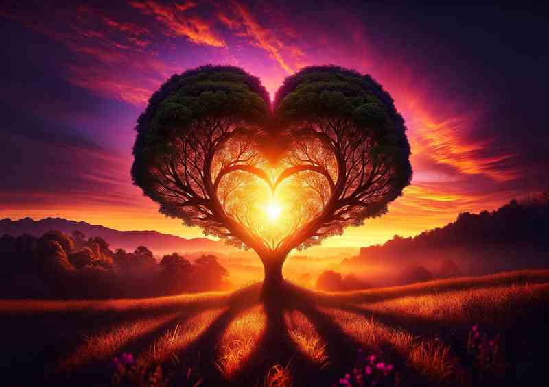 Sunset Silhouette Heart Tree Romance Scenery