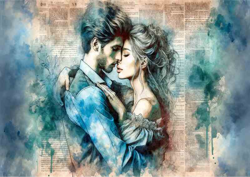 The Romantic Embrace Watercolor Newspaper Background