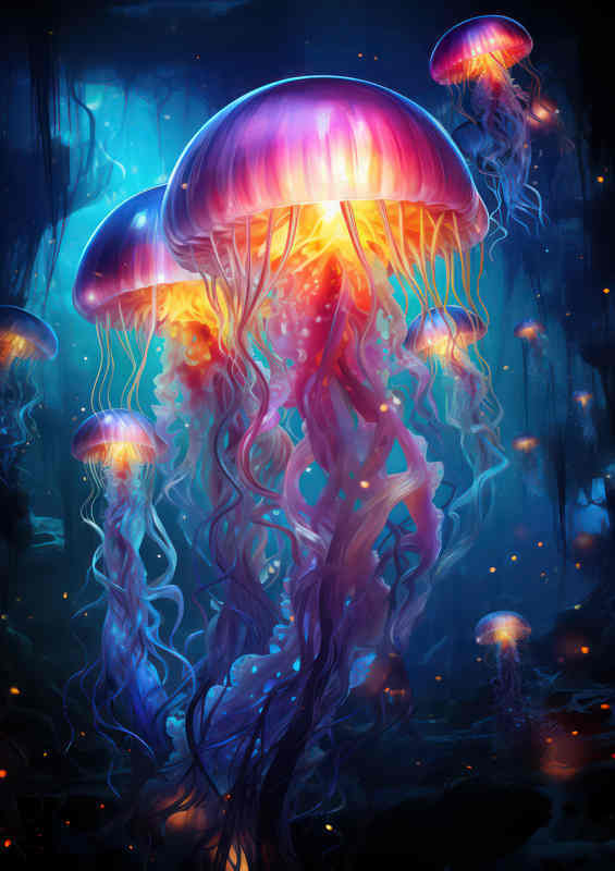 Bright Jellyfish in the night with glowing colors