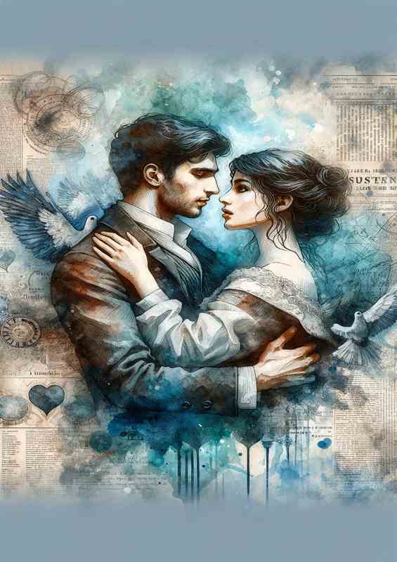 Romantic Embrace Watercolor Newspaper Background