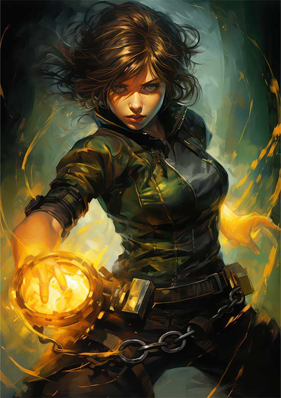 Glowing Harmony: Black Yellow Green Metal Poster of Girl with Ball
