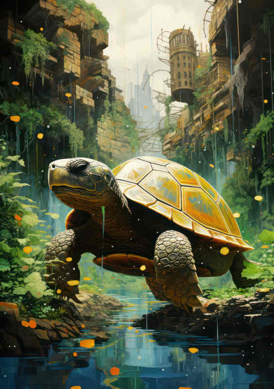 Giant Turtle Walking Across The River Bed