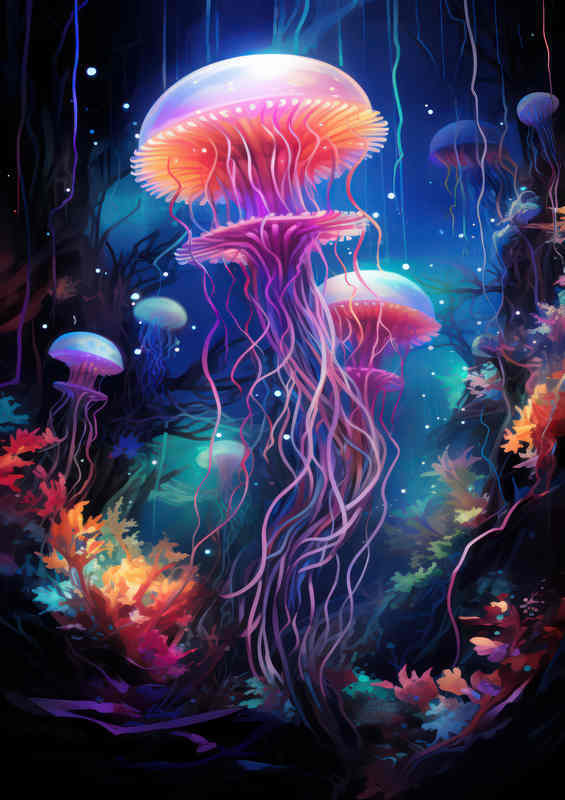 Jellyfish at night on the coral floor