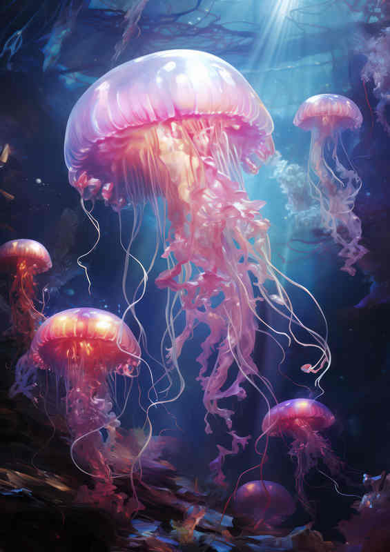 Jellyfish coming up into the sunlight form the sea