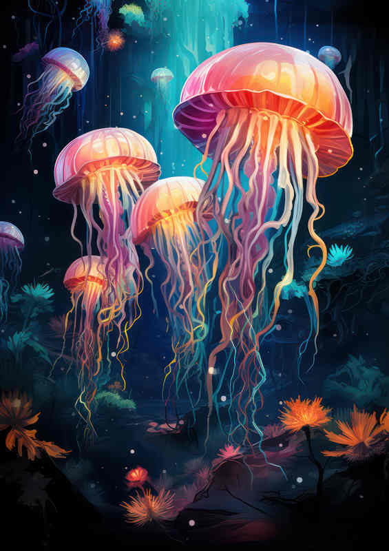 Jellyfish is depicted Corel and colourful fish