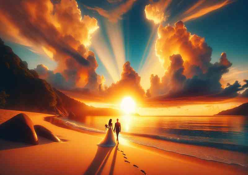 Romance Wedding Couple Beach Walk at sunset
