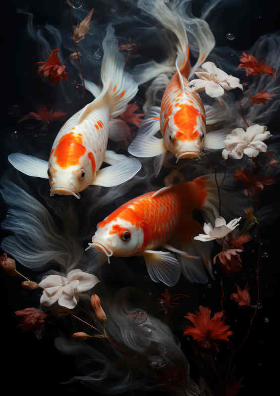 Koi Carp swimming amongst the water lillys