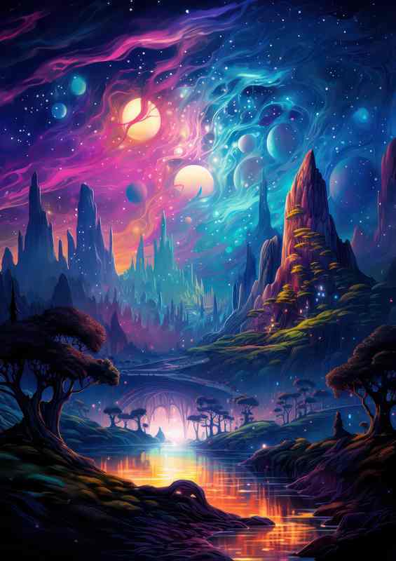 Whimsical Worlds mountains and moonlit skies