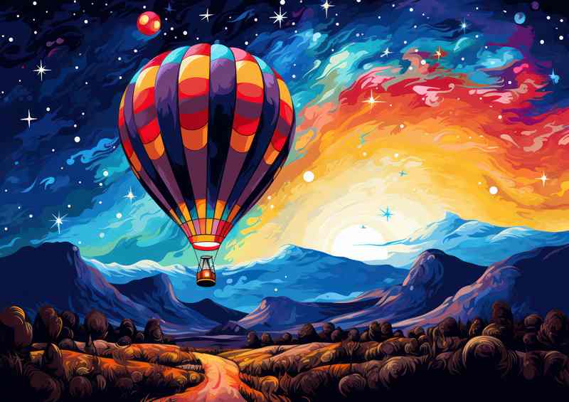 Hot air baloon in the blue sky in the mountains