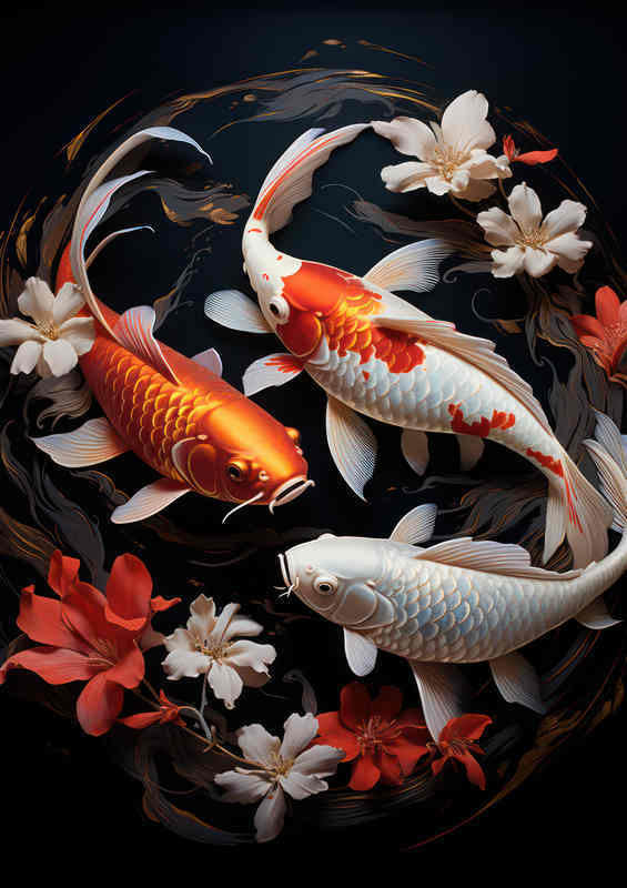 Koi fish with lilly flowers in the water