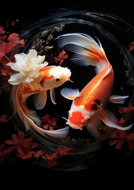 Koi swimming elegantly in the pond with flowers
