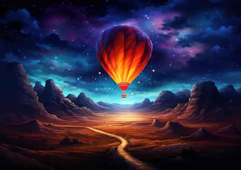 hot air ballon the dusk sky surrounded by mountains