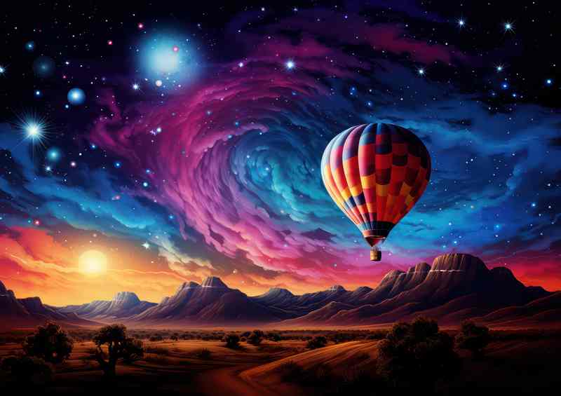 hot air baloon in the desert by mountains
