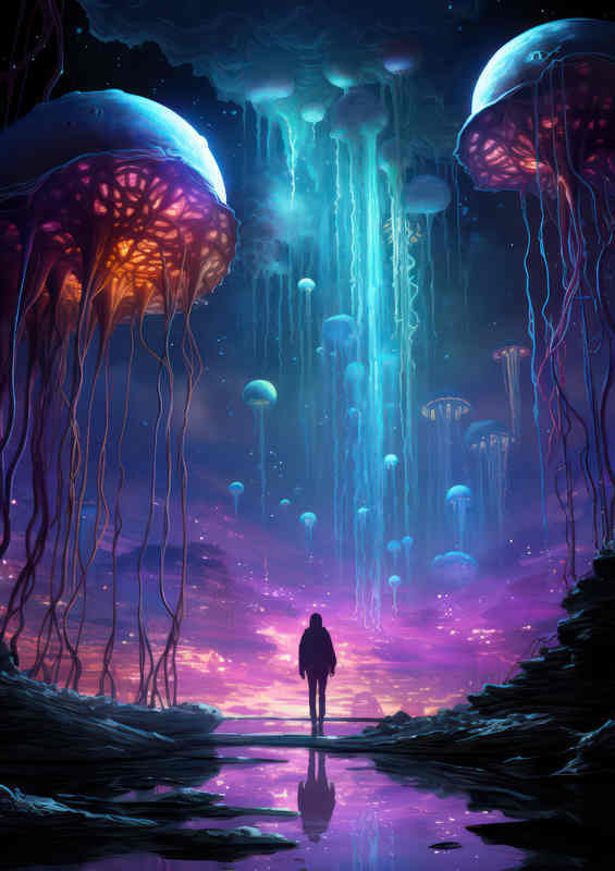 Man surrounded by giant Jellyfish in the sky