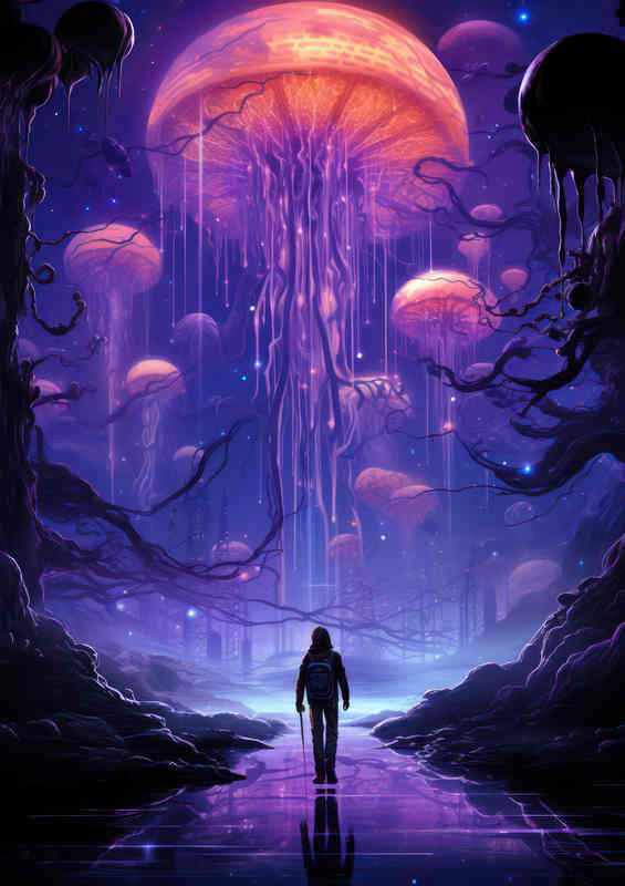 Man walking on a planet with_an enormous jellyfish