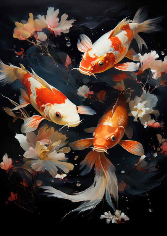 Painted style Koi with Water flowers