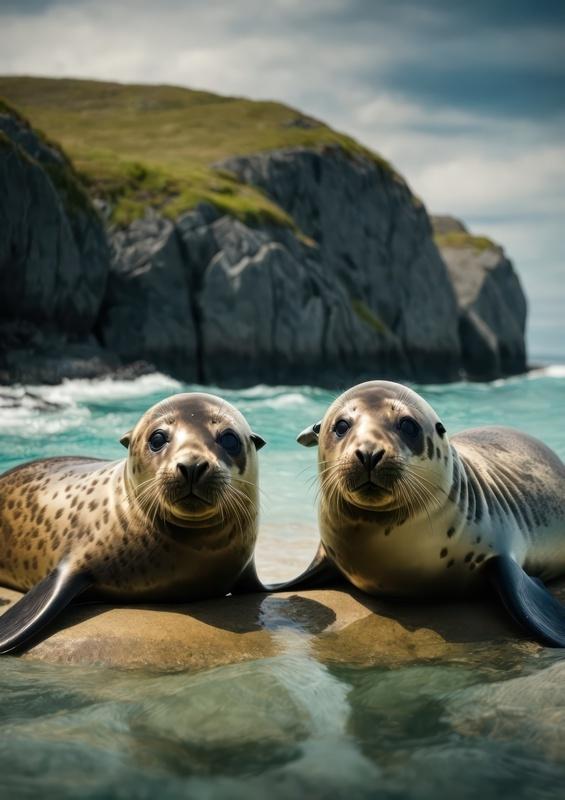 Seals In the sea next to the rock cliffs