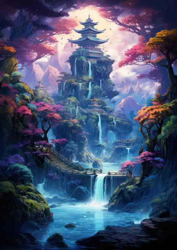 Japanese Waterfall Bridge Metal Poster