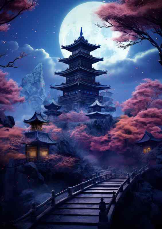 Cherry Blossom Castle Metal Poster