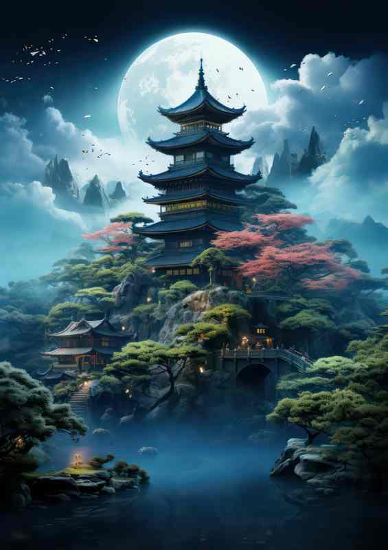 Japanese castle over the moon nestled in trees