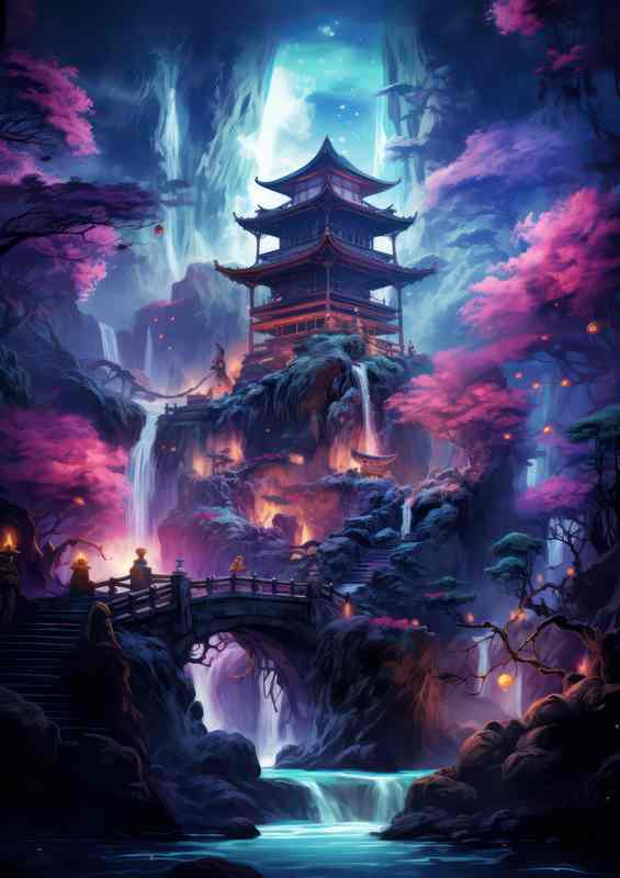 Japanese Bridge House with Blue Waterfall