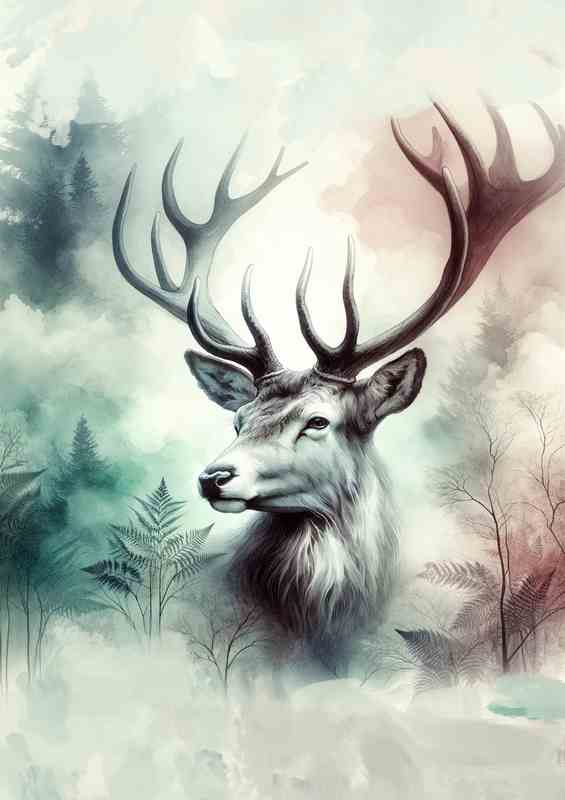 Elegant Deer Stag Ethereal Forest Art