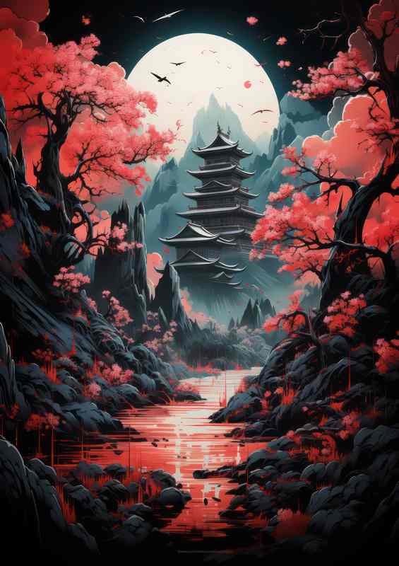 Japanese house with a orange lake and cherry trees